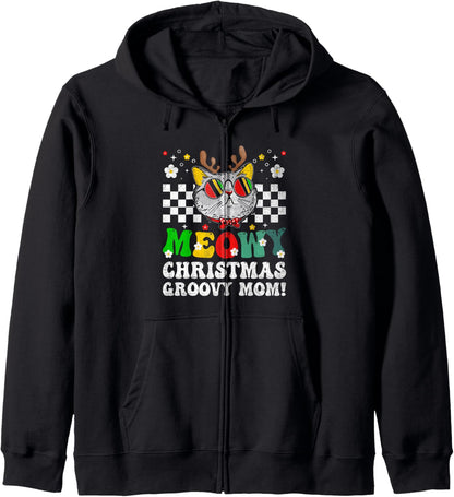 Christmas Cat Mom Retro Groovy Cats Adoption Holiday Zip Hoodie