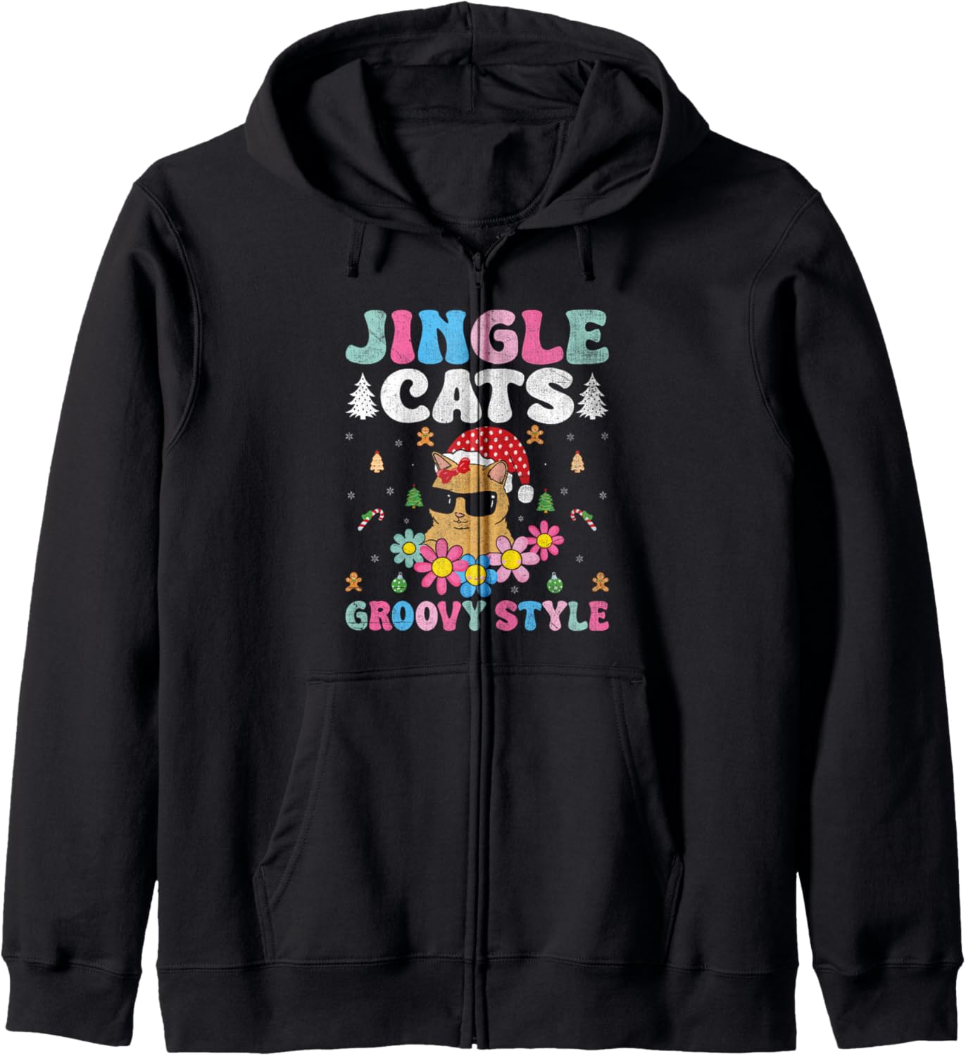 Christmas Cat Mom Retro Groovy Cats Adoption Holiday Zip Hoodie