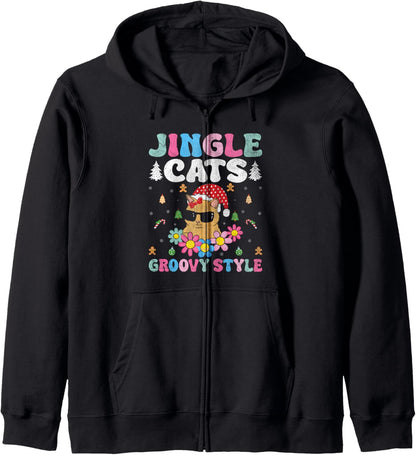 Christmas Cat Mom Retro Groovy Cats Adoption Holiday Zip Hoodie