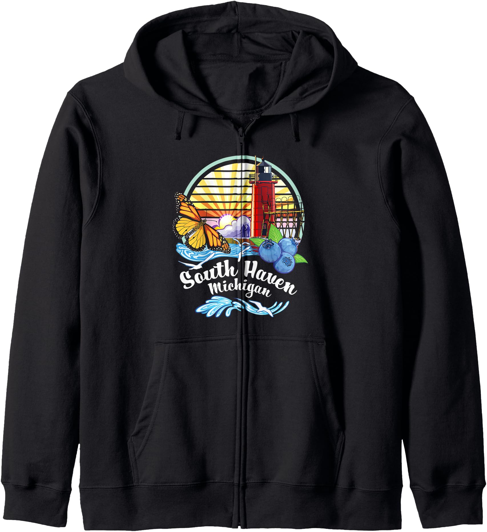 South Haven MI Lighthouse Monarch Butterfly Beach Design Zip Hoodie