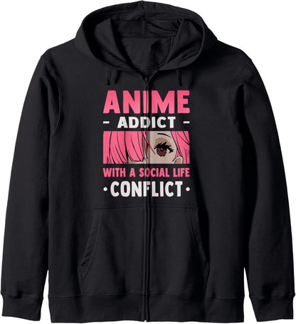 Anime Addict With A Social Life Conflict - Otaku Anime Lover Zip Hoodie