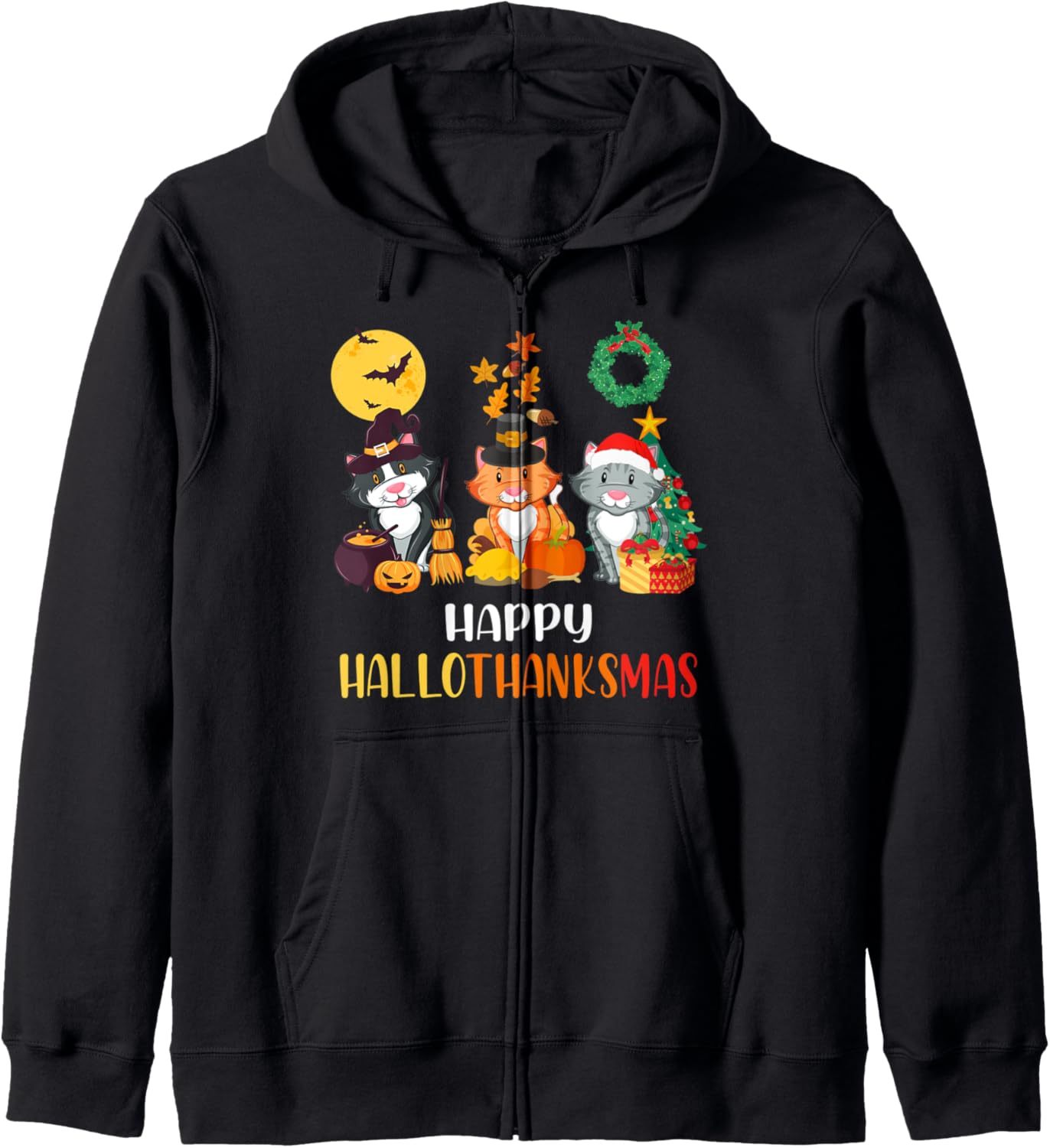 Cat Halloween Christmas Happy Hallothanksmas Thanksgiving Zip Hoodie