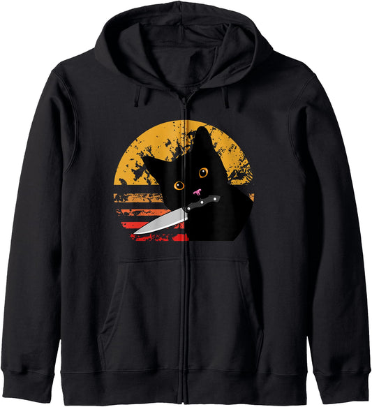 Cat What? Funny Black Cat Shirt, Murderous Cat With Knife Zip Hoodie