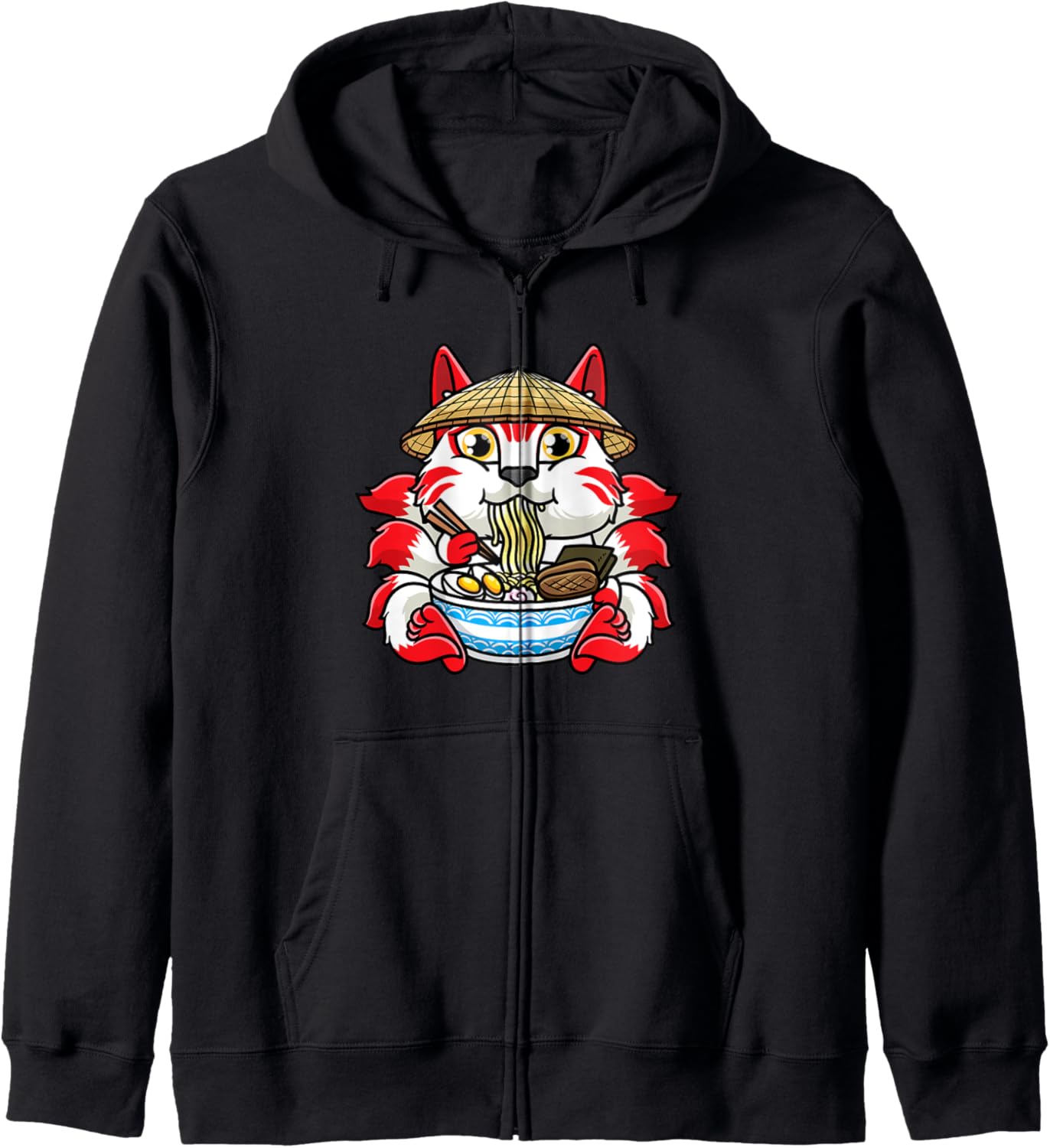 Kitsune Eating Ramen Noodles Japanese Nine Tailed Fox Anime Zip Hoodie