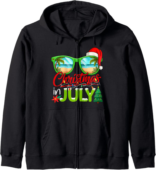 Christmas In July Sunglasses Santa Hat Summer Beach Xmas Zip Hoodie