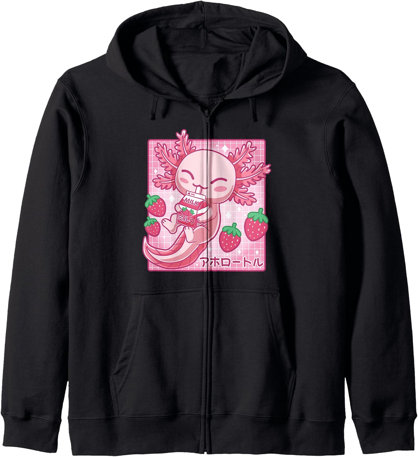 Kawaii Axolotl Strawberry Milk Shake Carton Japanese Anime Zip Hoodie