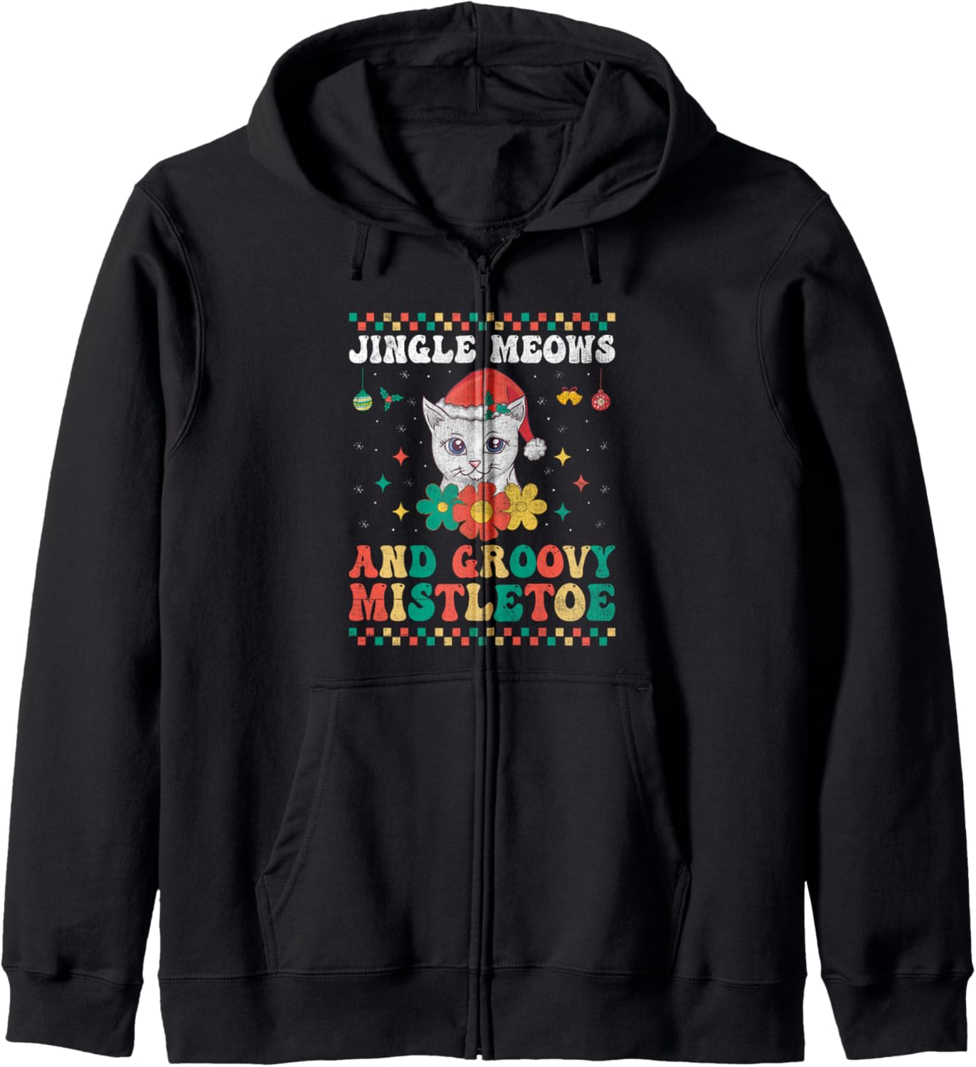 Christmas Cat Mom Retro Groovy Cats Adoption Holiday Zip Hoodie