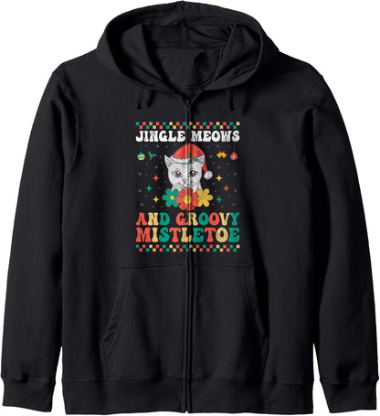 Christmas Cat Mom Retro Groovy Cats Adoption Holiday Zip Hoodie