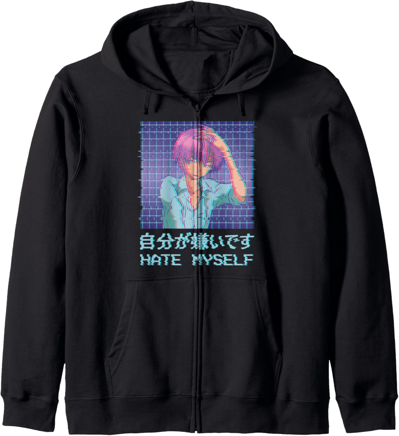 Vaporwave Aesthetic Anime Boy Hate Myself Sad Anime Zip Hoodie