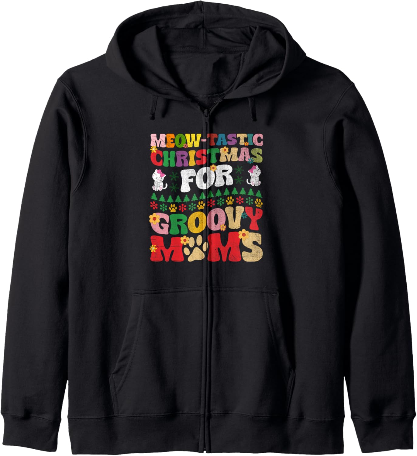 Christmas Cat Mom Retro Groovy Cats Adoption Holiday Zip Hoodie