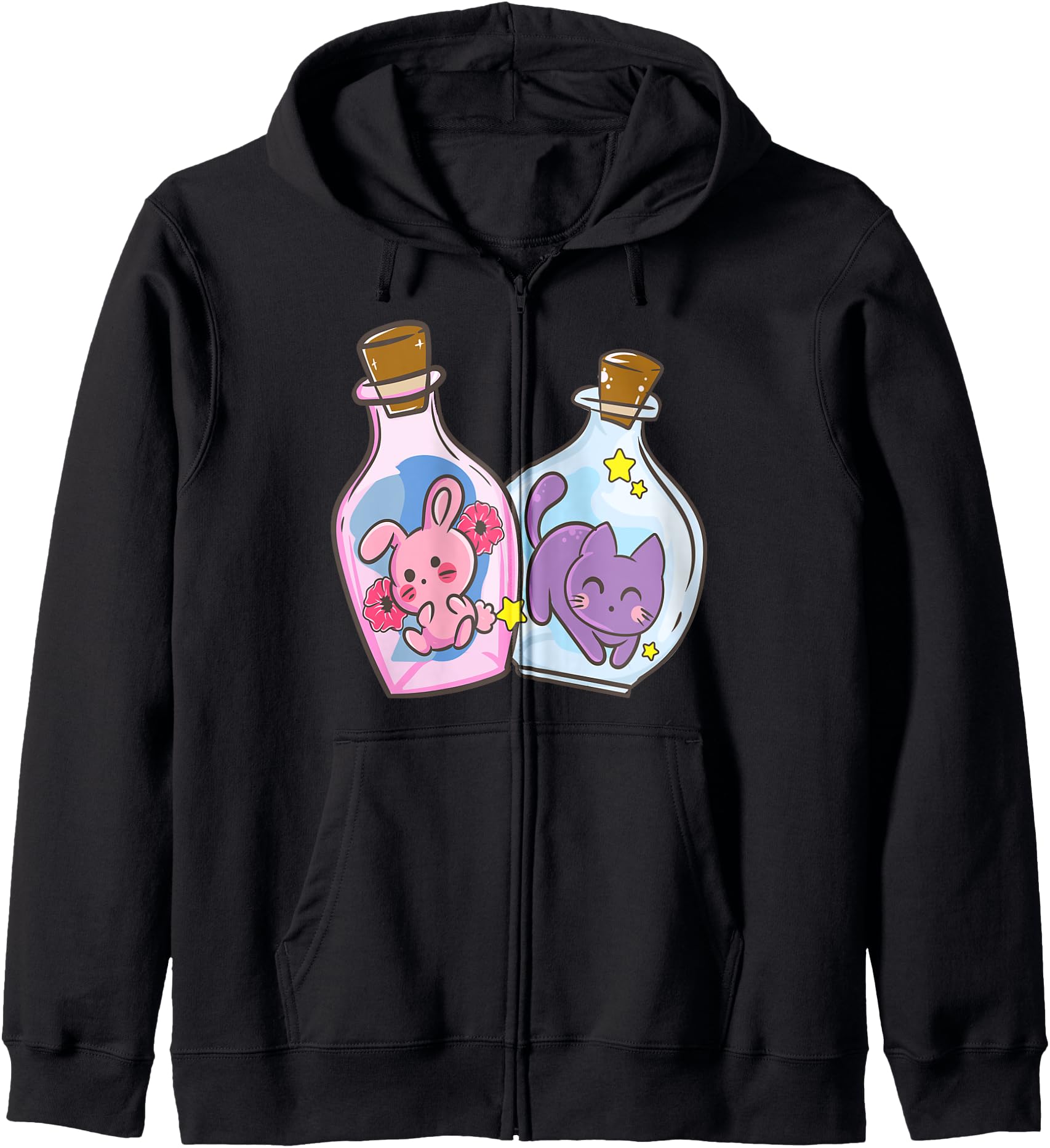 Cute Kawaii Anime - Bunny And Cat In A Glass - Japanese Zip Hoodie