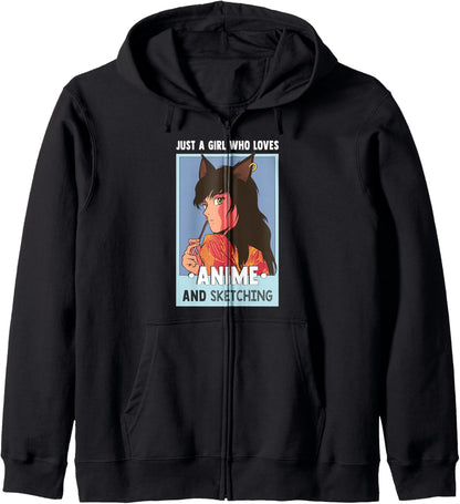 Just A Girl Who Loves Anime And Sketching - Otaku Anime Girl Zip Hoodie