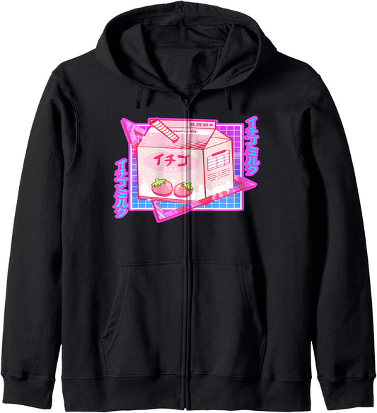 90s Strawberry Milk Japanese Zip Hoodie