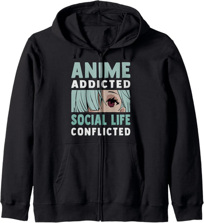 Anime Addicted - Social Life Conflicted - Otaku Anime Lover Zip Hoodie