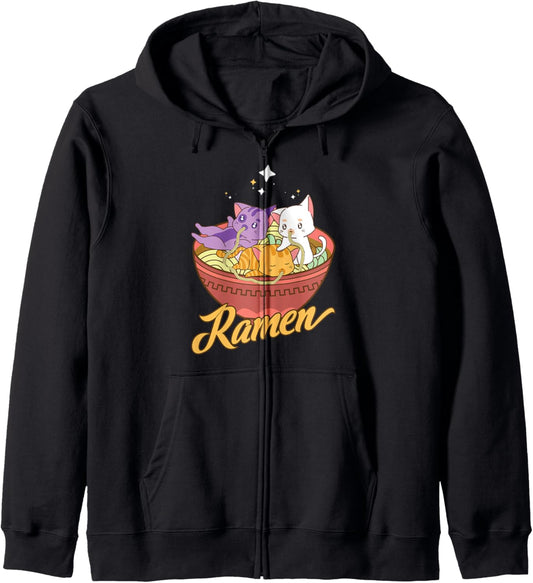 Cat And Ramen T-shirt Japanese Cat Kawaii Tokyo Anime Zip Hoodie
