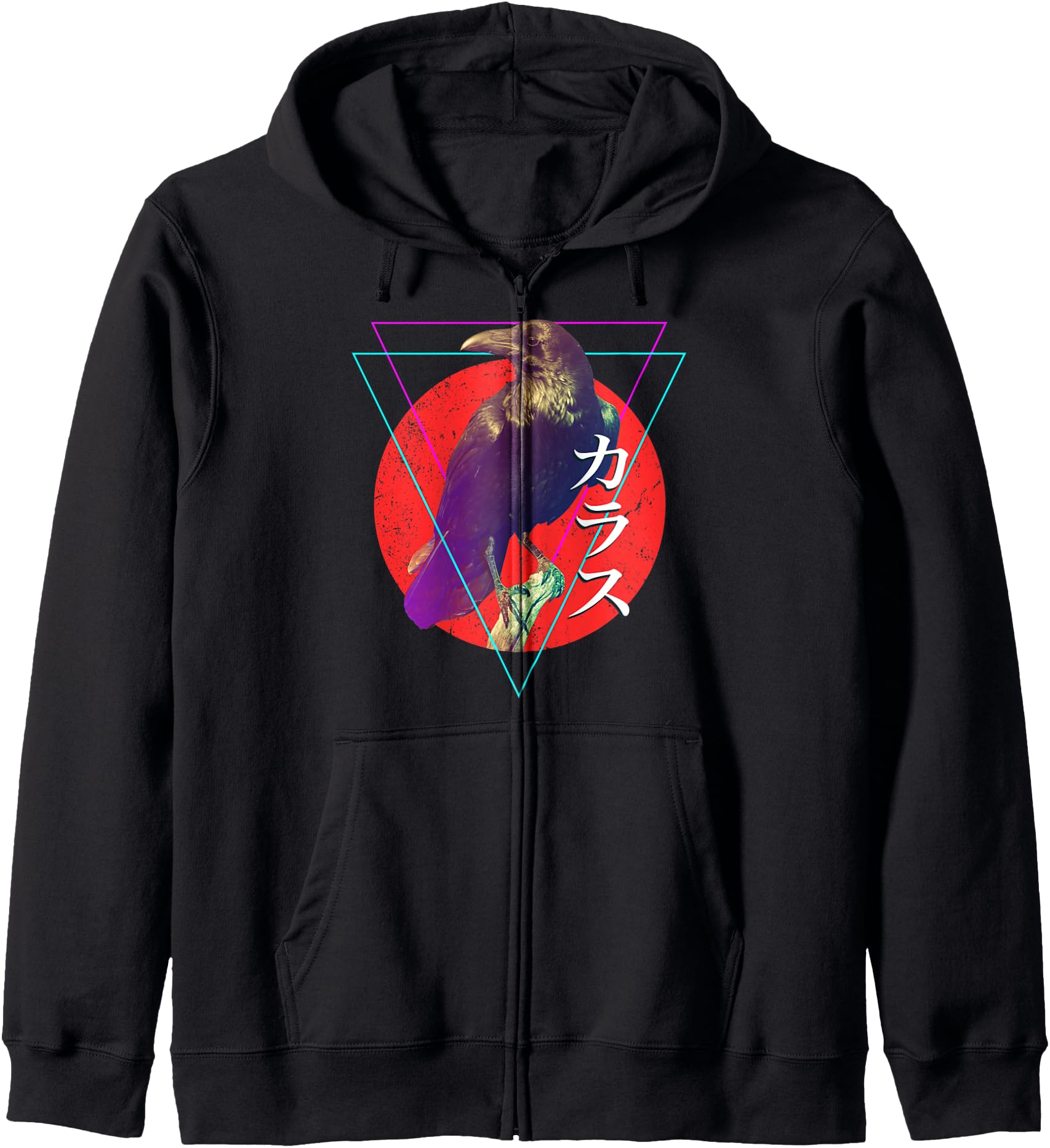 Vaporwave Crow Raven & Rising Sun Japanese Kanji Halloween Zip Hoodie