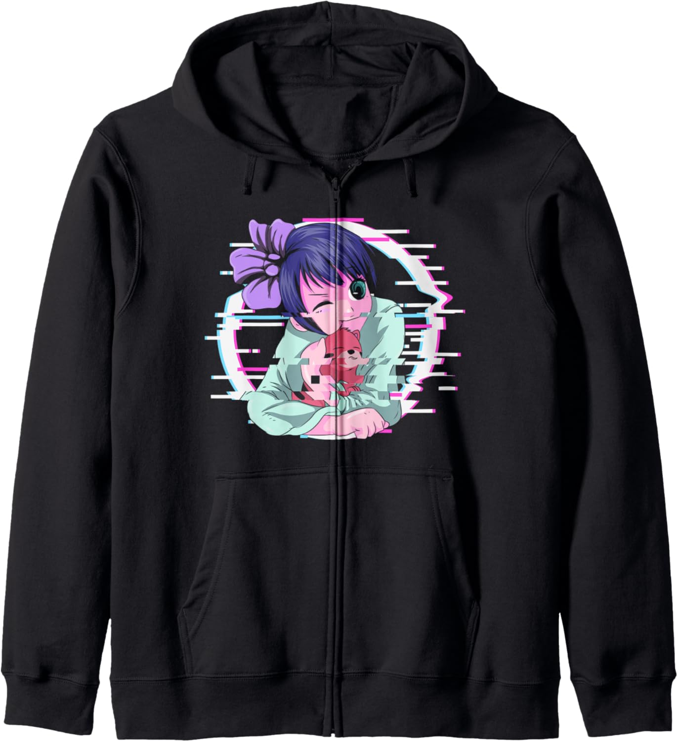 Glitch Anime Girl Kawaii Cat Japanese Manga Otaku Anime Zip Hoodie