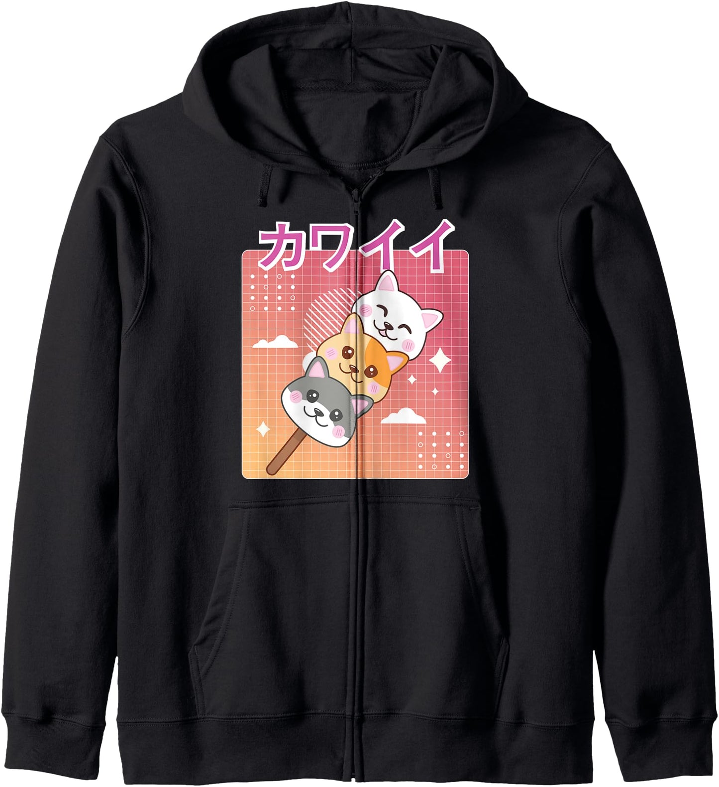 Kawaii Neko Cat Dango Retro 90s Japanese Aesthetic Vaporwave Zip Hoodie