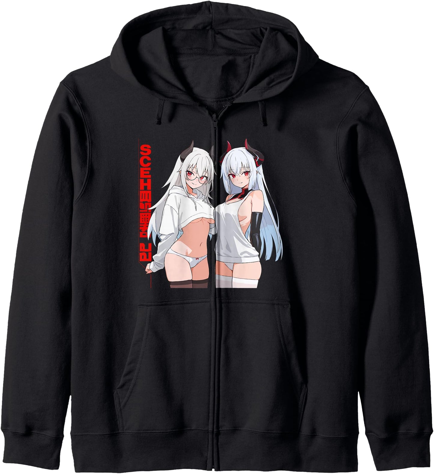 Waifu Sexy Anime Girl Glasses Horns Japanese Style Zip Hoodie
