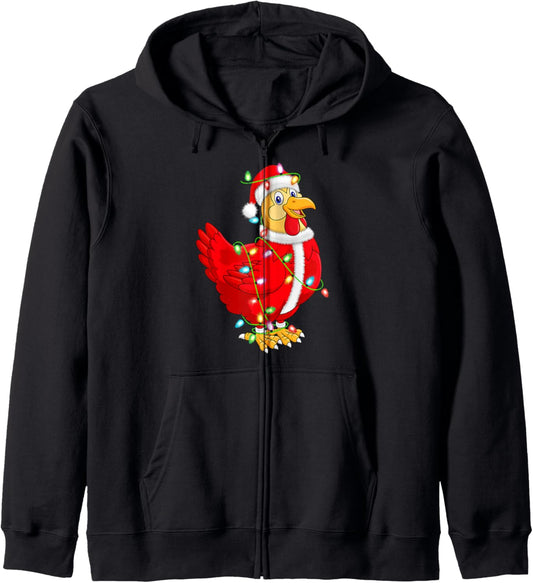Chicken Christmas Lights Santa Costume Cute Animal Xmas Zip Hoodie