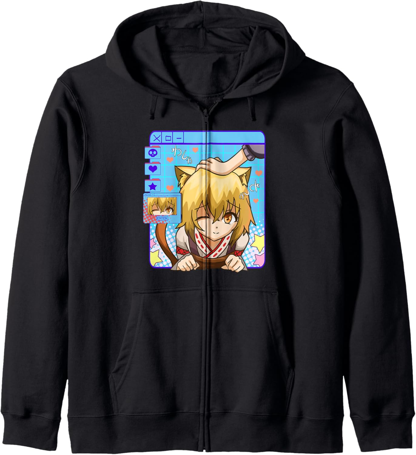 Vaporwave Kawaii Neko Girl Head Pat Anime Lover Zip Hoodie