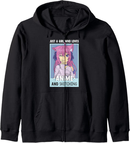 Otaku Anime Girl Just A Girl Who Loves Anime And Sketching Zip Hoodie