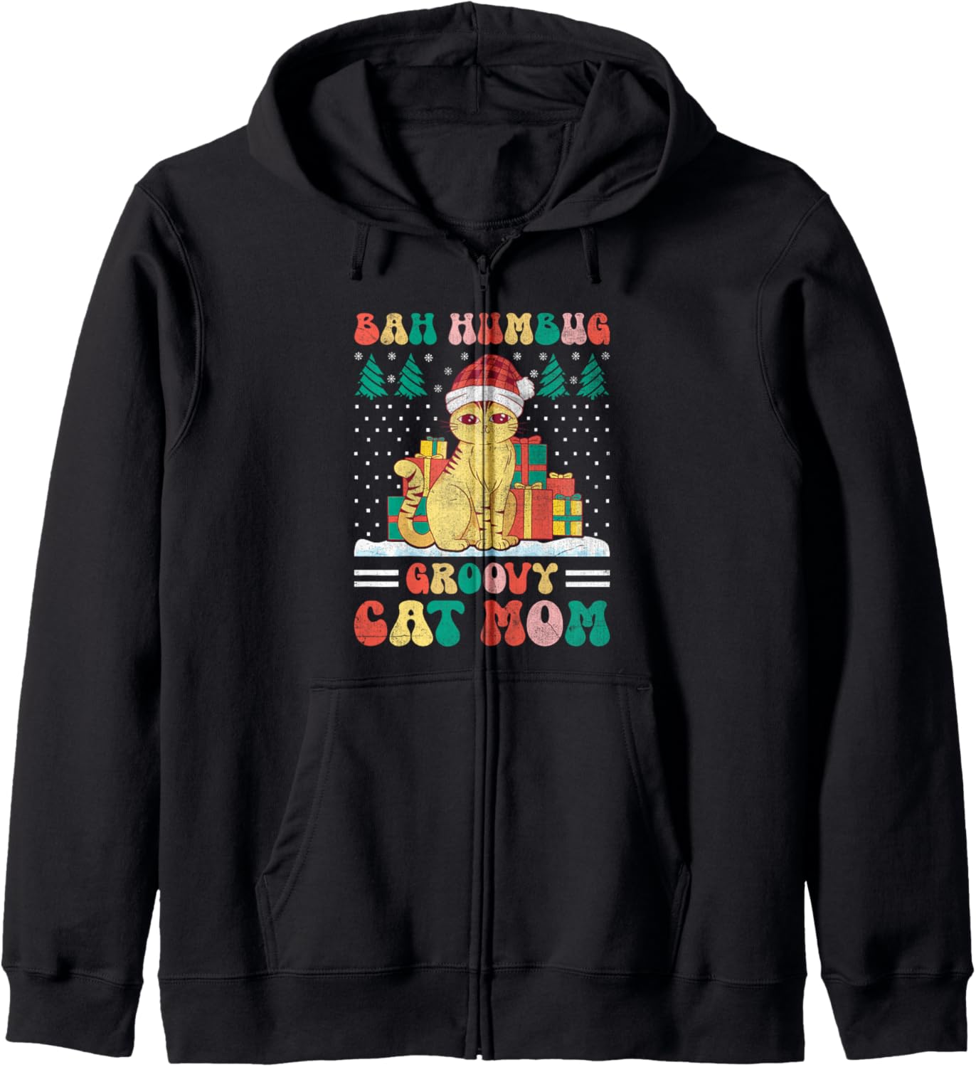 Christmas Cat Mom Retro Groovy Cats Adoption Holiday Zip Hoodie