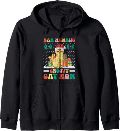Christmas Cat Mom Retro Groovy Cats Adoption Holiday Zip Hoodie