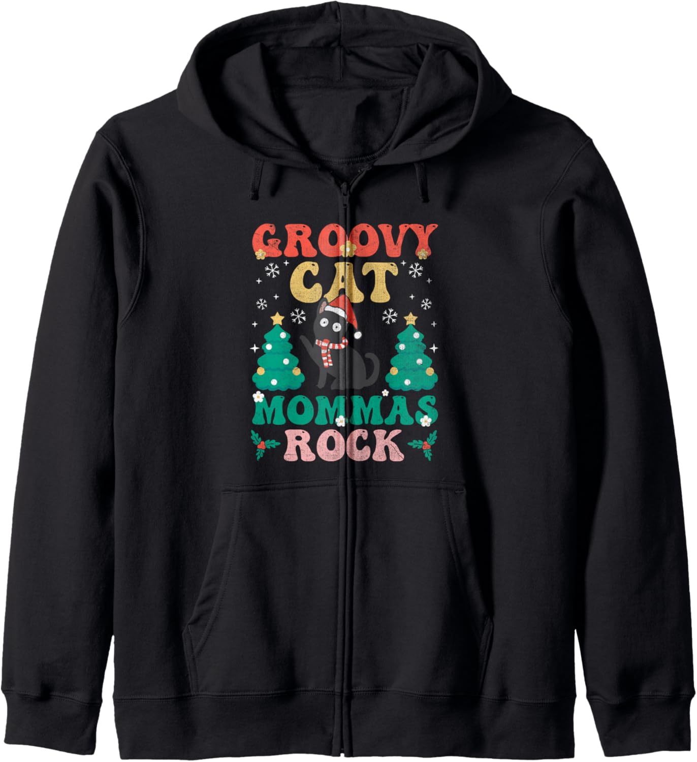 Christmas Cat Mom Retro Groovy Cats Adoption Holiday Zip Hoodie