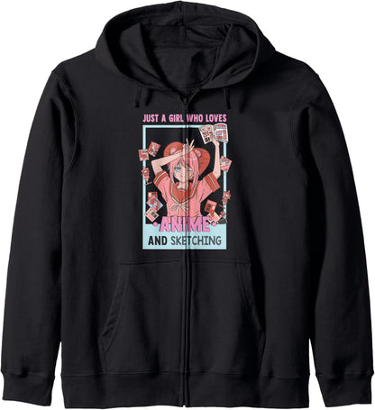 Just A Girl Who Loves Anime And Sketching - Otaku Anime Girl Zip Hoodie