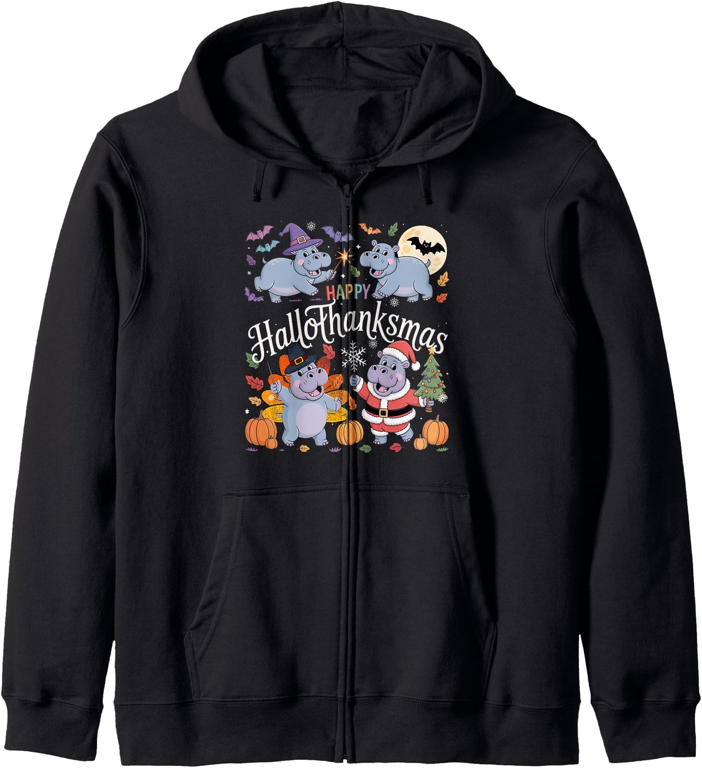 Happy Hallothanksmas Hippo Lover Halloween Merry Christmas Zip Hoodie