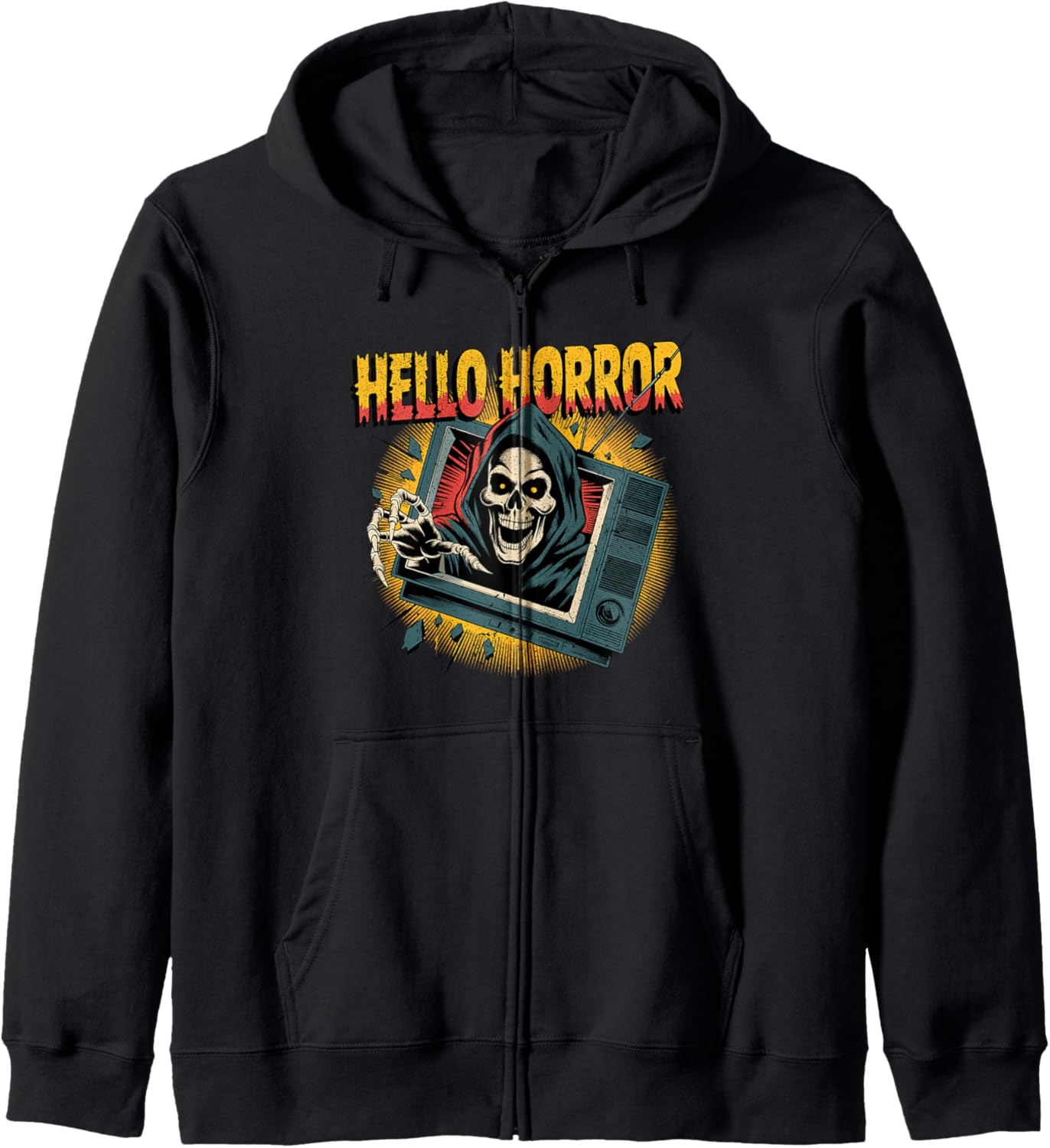 Hello Horror Grim Reaper Retro TV Scary Zip Hoodie