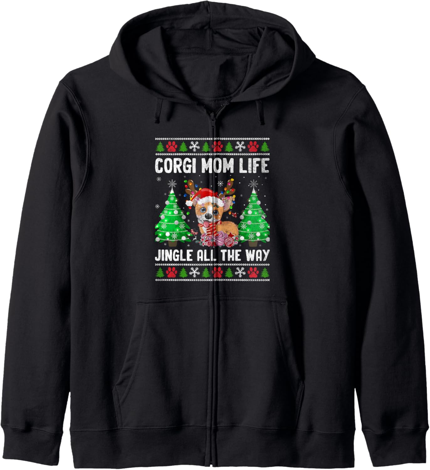 Christmas Corgi Mom Dog Breed Owner Rescuer Fur Mama Zip Hoodie