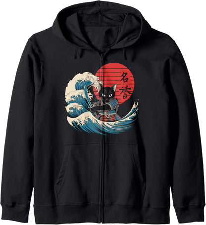 Samurai Cat Vintage Ukiyo-e Warrior Kanji Japan Anime Ink Hoodie