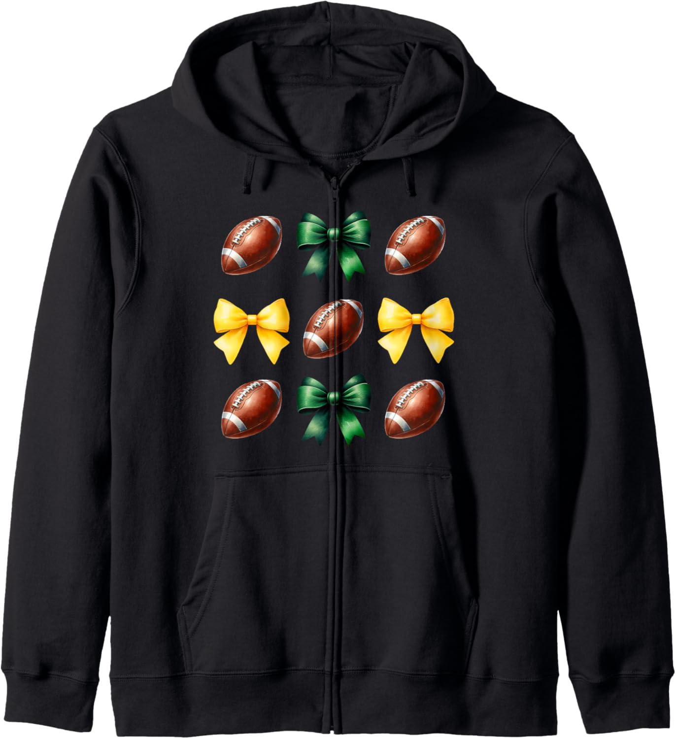 Green & Yellow Gold Footballs & Bows Fall Football Season Zip Hoodie