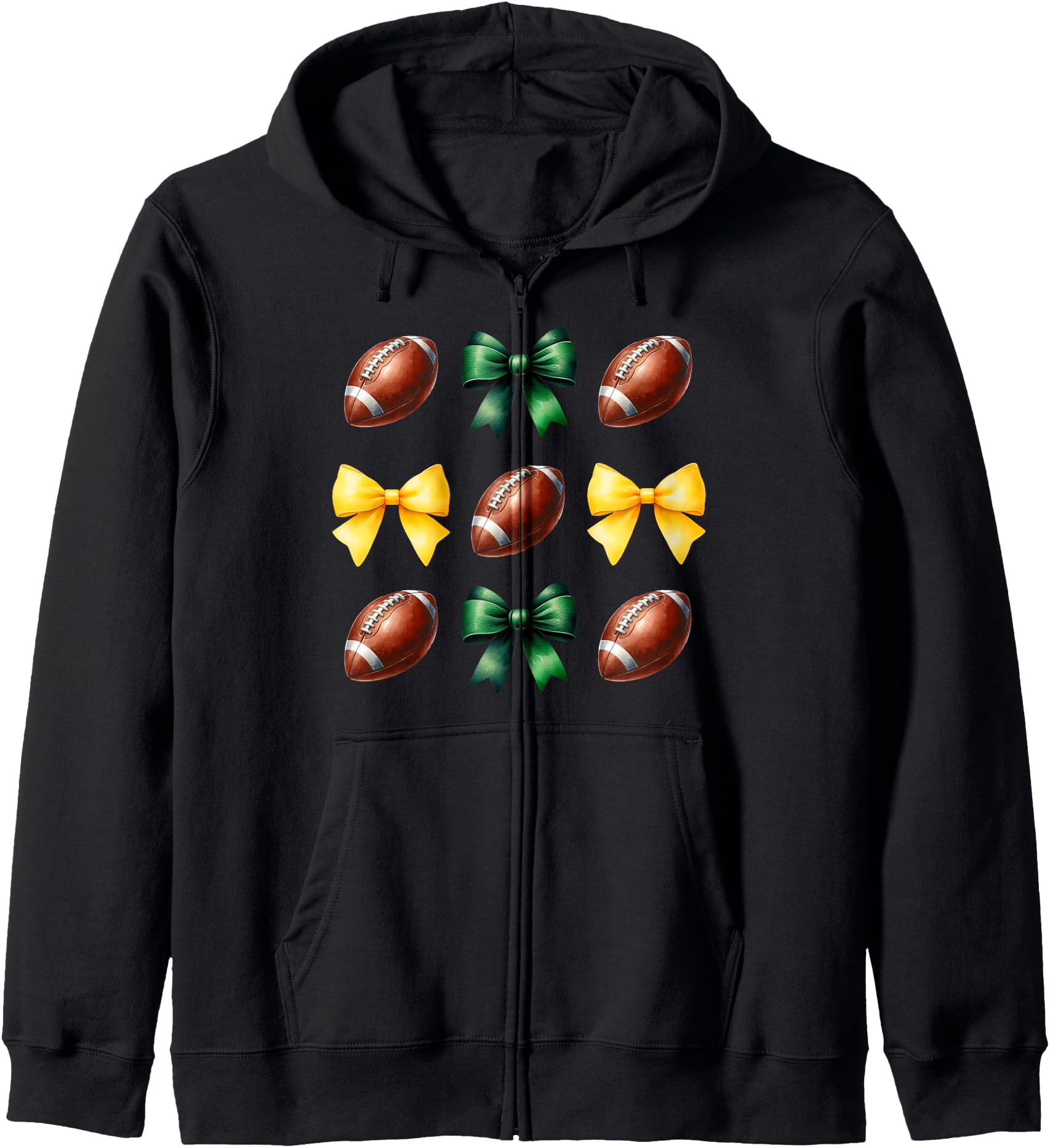Green & Yellow Gold Footballs & Bows Fall Football Season Zip Hoodie