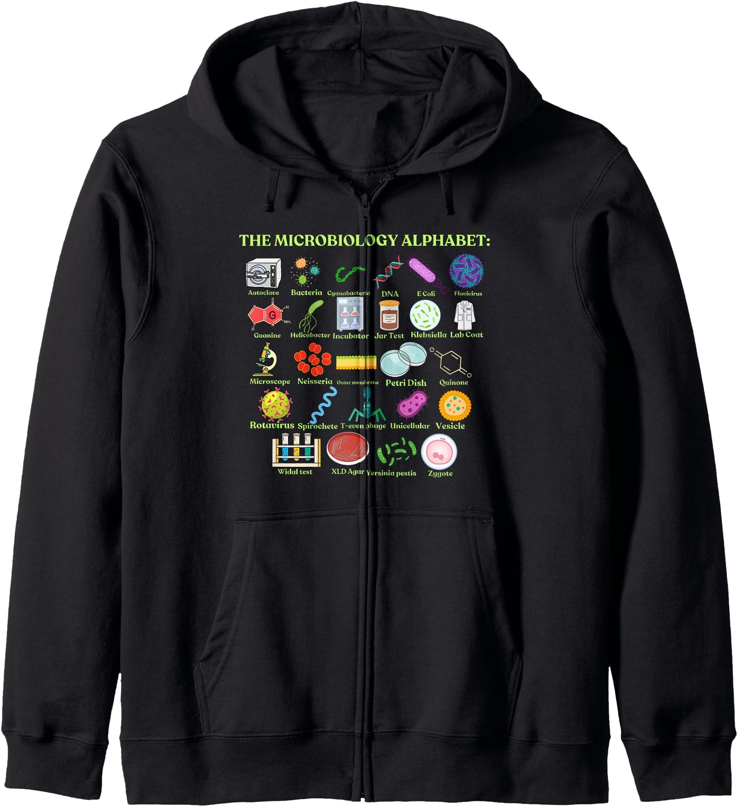 The Microbiology Alphabet, cool science and microbiology Zip Hoodie