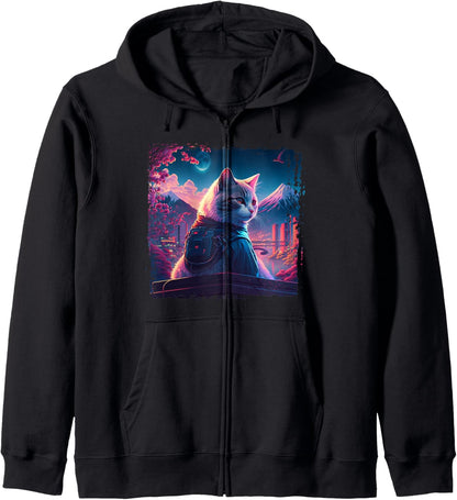 Japanese Aesthetic Synthwave Cat Vaporwave Anime Funny Hoodie