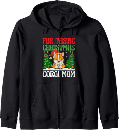 Christmas Corgi Mom Dog Breed Owner Rescuer Fur Mama Zip Hoodie