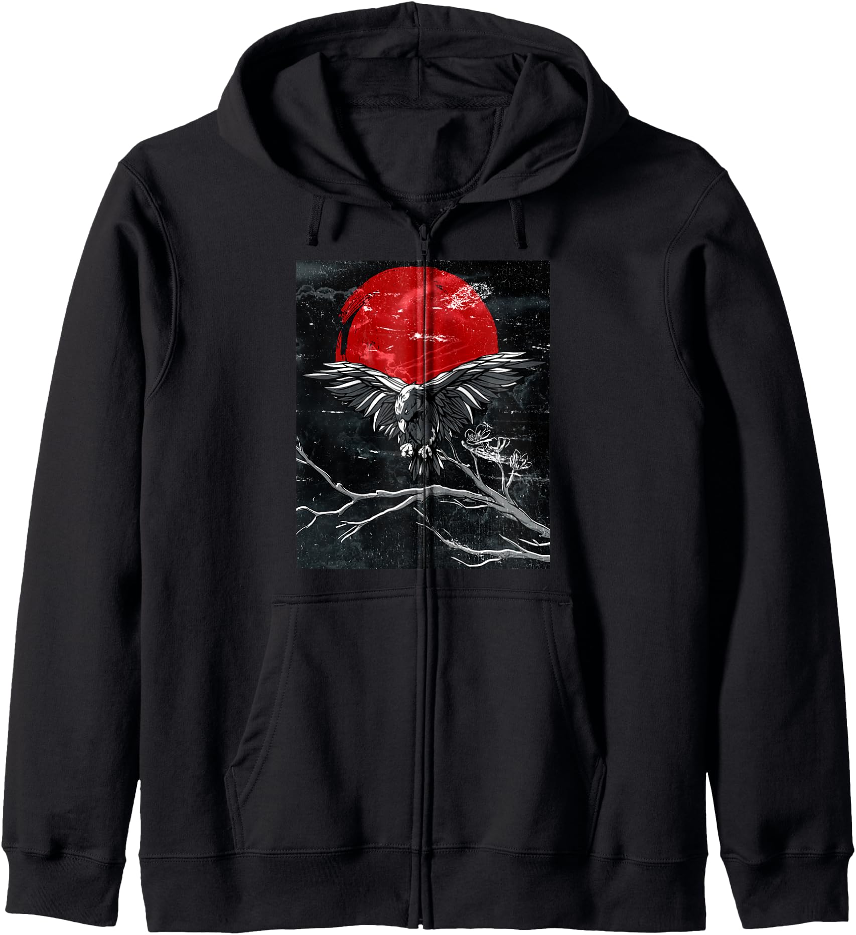 Red Moon Raven Japanese Black Crow Zip Hoodie