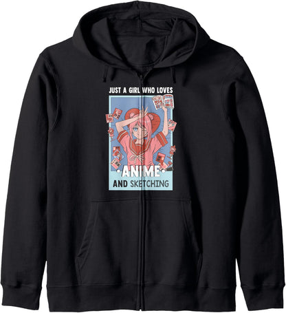 Just A Girl Who Loves Anime And Sketching - Otaku Anime Girl Zip Hoodie