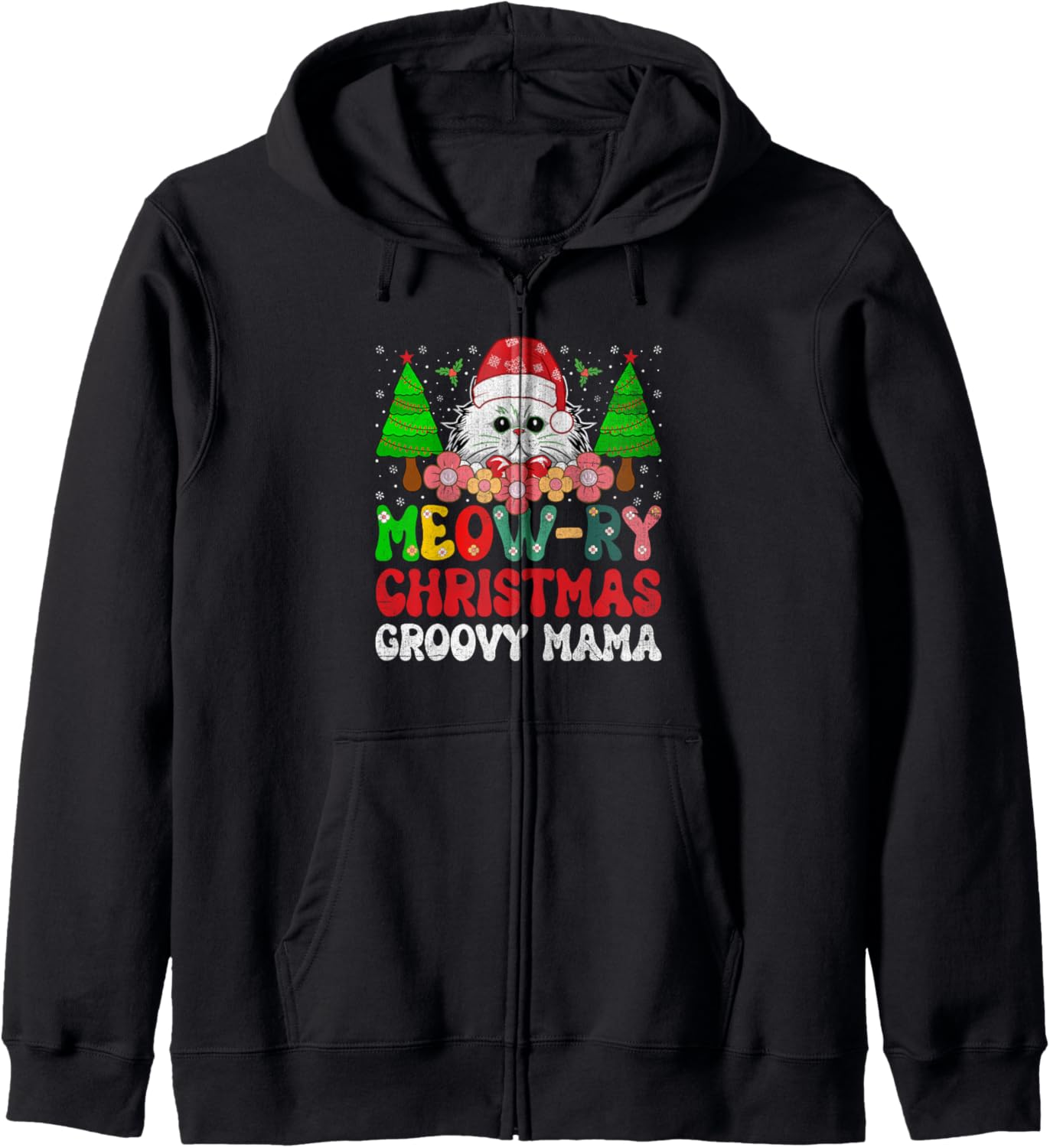 Christmas Cat Mom Retro Groovy Cats Adoption Holiday Zip Hoodie