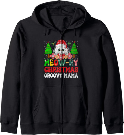 Christmas Cat Mom Retro Groovy Cats Adoption Holiday Zip Hoodie