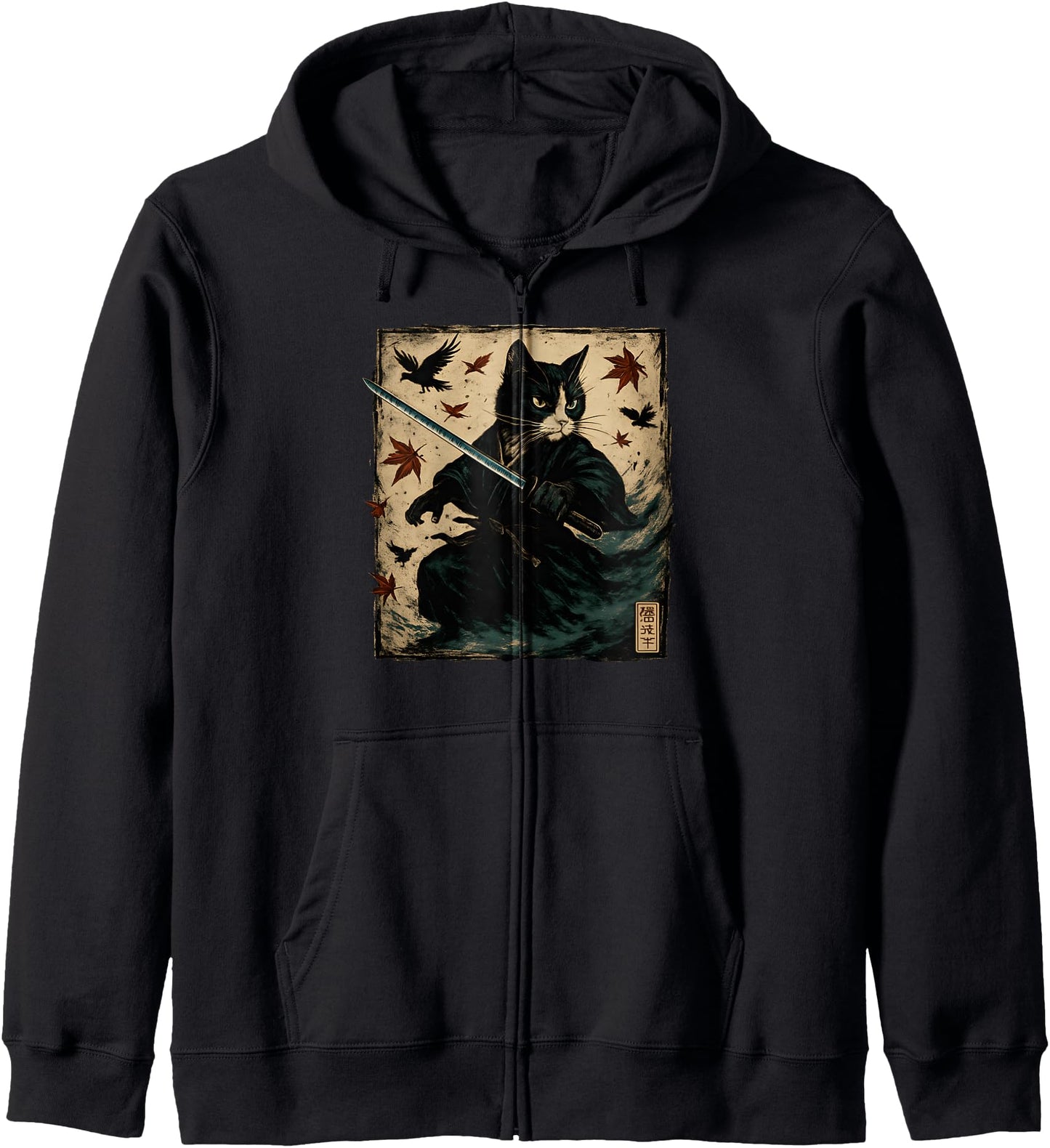 Samurai Cat T-Shirts Warrior Vintage Japanese Art Anime Zip Hoodie