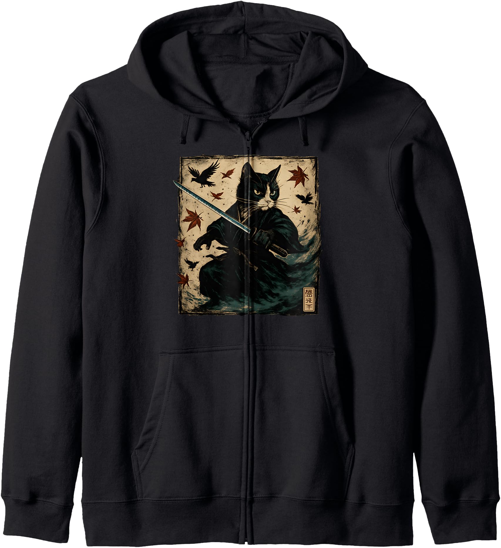 Samurai Cat T-Shirts Warrior Vintage Japanese Art Anime Zip Hoodie