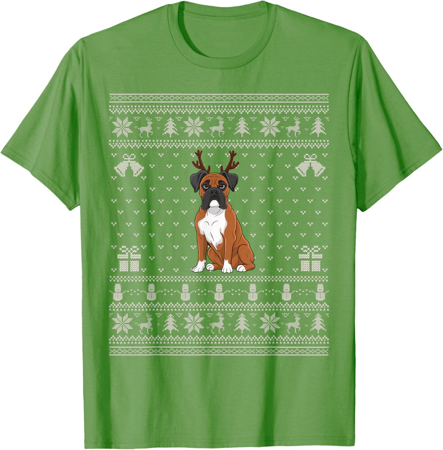 Ugly Xmas Sweater Style Boxer Dog Reindeer Christmas T-Shirt for Men Women Kids
