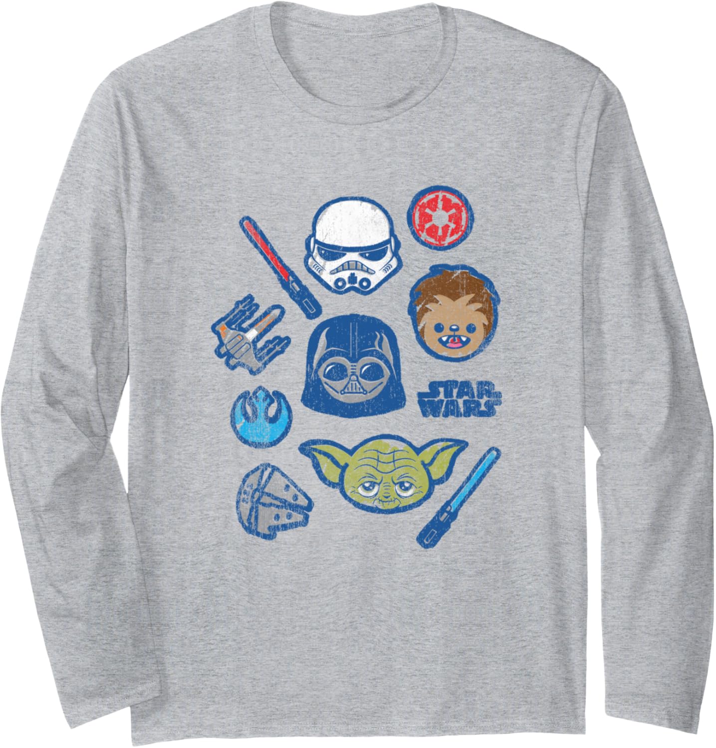 Star Wars Classic Chibi Character Faces Distressed Collage Long Sleeve