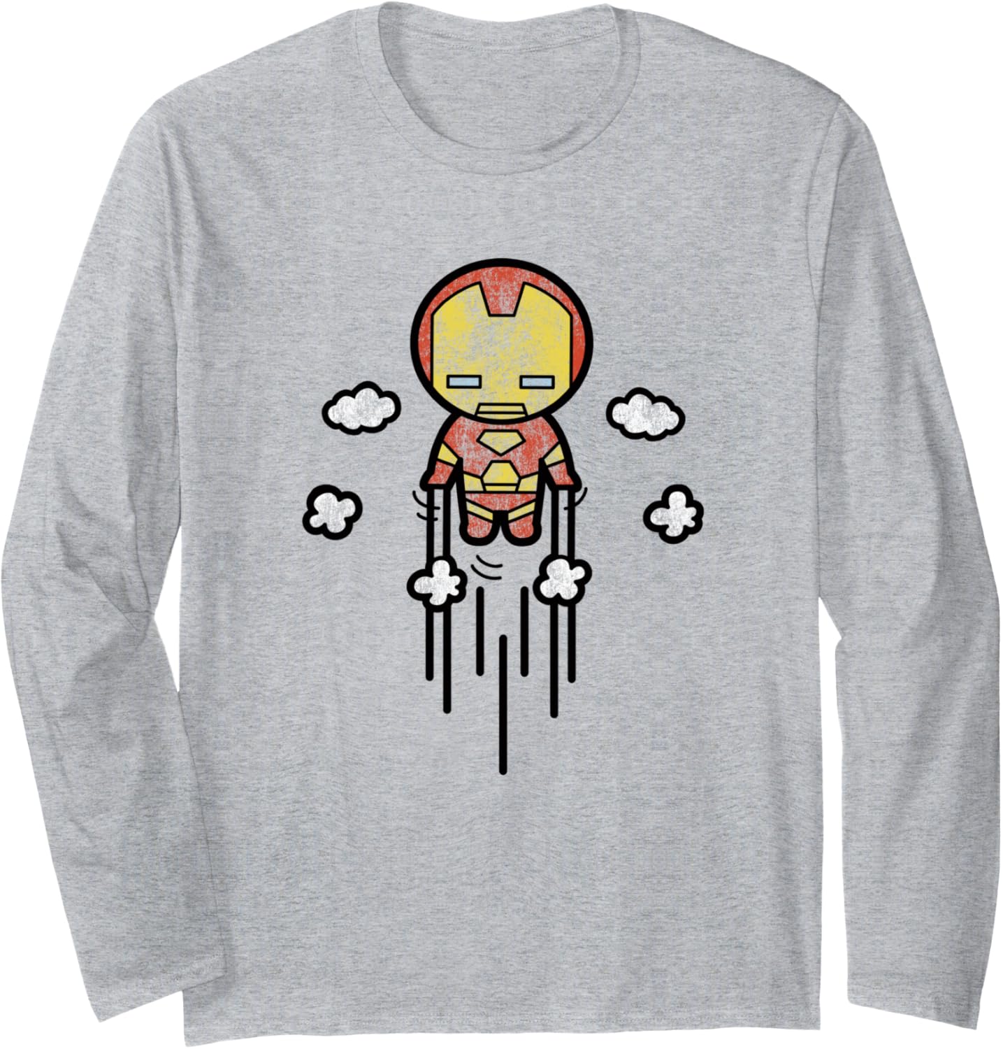 Marvel Kawaii Chibi Iron Man Flying Distressed Shot Long Sleeve