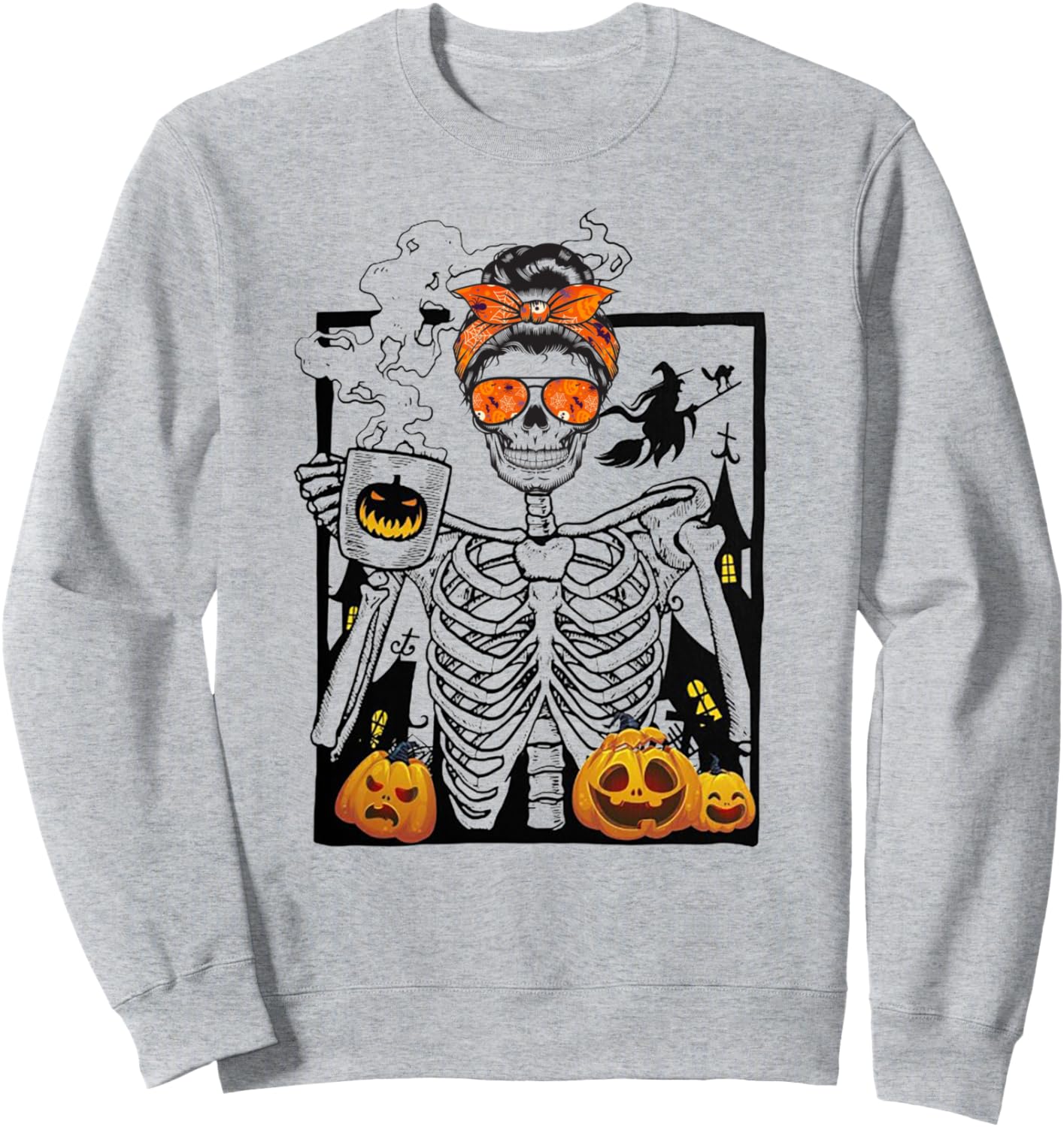 Messy Bun Skeleton Drinking Coffee Halloween for Girls Women Sweatshirt