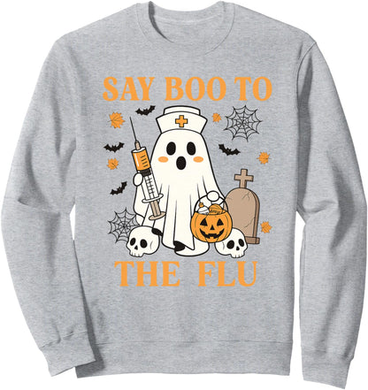 Retro Nurse Ghost Halloween Vaccine Say Boo to The Flu Sweatshirt
